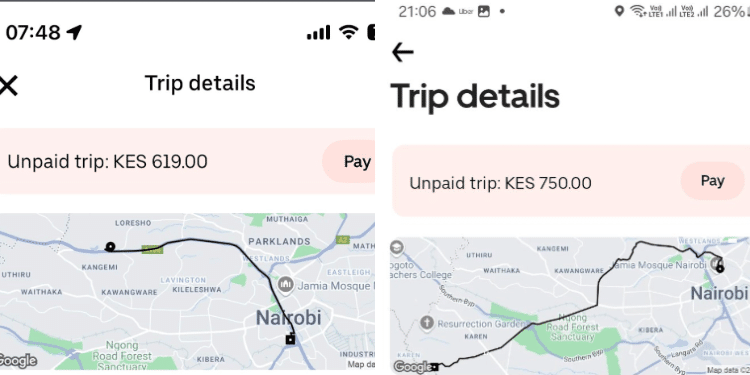 Kenyans Call Out Uber Drivers For Failing To End Trips And Charging Double Screen Grabs Of Knenyans Sharing There Notifications Of Unpaid Payments From Uber. Photo/ Ugc