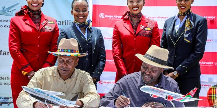 Safarilink Aviation Chief Executive Officer Mr Alex Avedi And Allan Kilavuka, Managing Director And Chief Executive Officer Kenya Airways Sign One-Way Codeshare Partnership Agreement