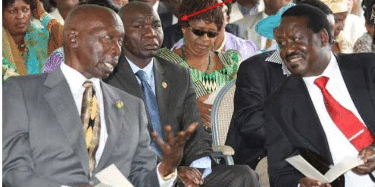 George Oduor Behind The Late Daniel Arap Moi And Former Prime Minister Raila Odinga. Photo/Raila Odinga X.