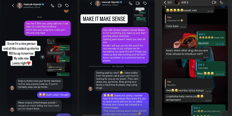 A Screengrab Of Victor Lameck’s Chats With Mungai Eve And Hannah Njambi. Photo/ Victor Lameck Instagram Stories Screengrab. 