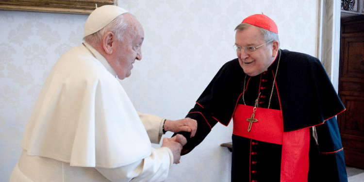 Pope Francis And Cardinal Raymond L. Burke Shake Hands As They Meet In The Library Of The Apostolic Palace At The Vatican, December 29, 2023. Photo/Cns/Vatican Media.