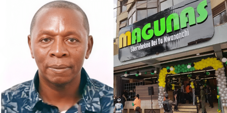 A Photo Collage If Businessman Simon Wachira And Magunas Supermarket Thika Branch. Photo/ Magunas Facebook.