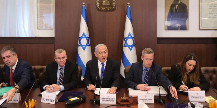 Israeli Prime Minister Benjamin Netanyahu (C) At A Weekly Cabinet Meeting Feb. 19, 2023, In Jerusalem.