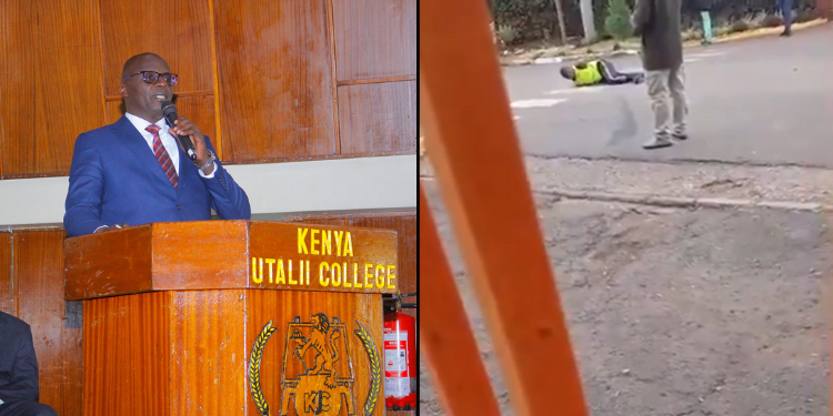 Utalii College Breaks Silence After Death Of Student Captured In Viral Video A Photo Collage Of Kenya Utalii College Principal/Ceo Mark Ogendi And A Screengrab Of The Student Lying On The Ground With His Hands Tied On His Back. Photo/Of Kenya Utalii College/Ugc.