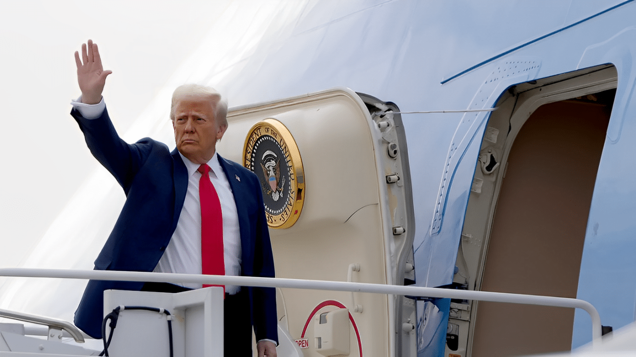 Us President Donald Trump Aboard The Air Force One.