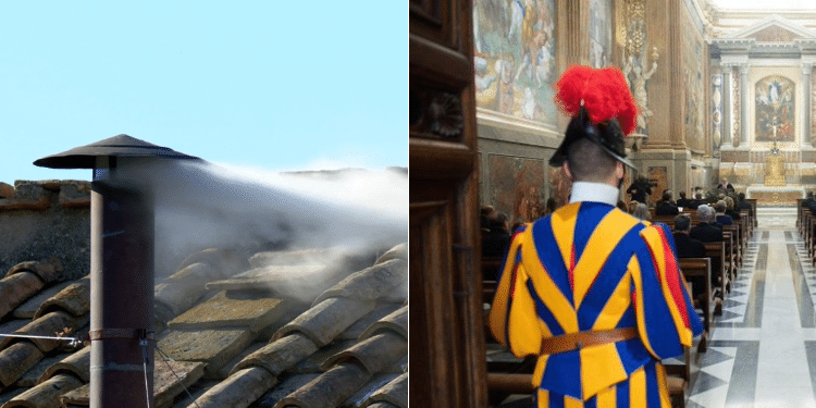 A Collage Of The White Smoke Emitted Of The Chimney In Vatican And A Photo Of Catholic Church Cardinals Taking Oath Before The Conclave. Photos/ Vatican