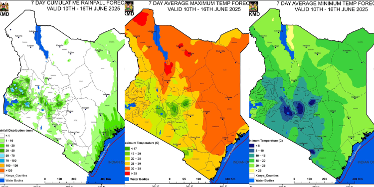A Photo Collage Showing The Rainfall Forecast And The Maximum And Minimum Temperature Forecasts For The Period Between April 10Th And 16Th. Photo/Kenya Met.