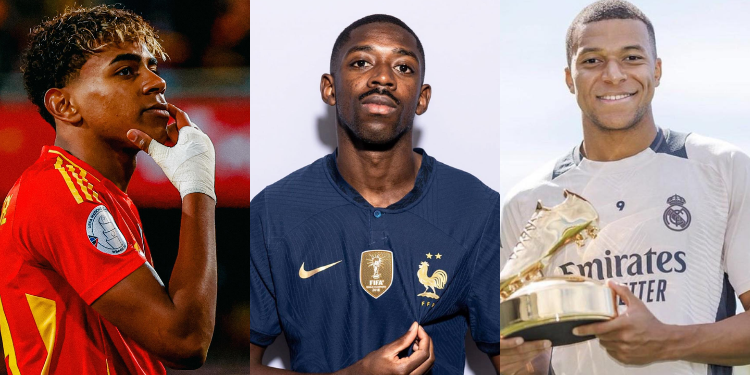 A Photo Collage Of Lamine Yamal, Ousmane Dembélé And Kylian Mbappe. Photo/Yamal Fb/Fabrizio Romano Fb. Ballon D'Or Rankings