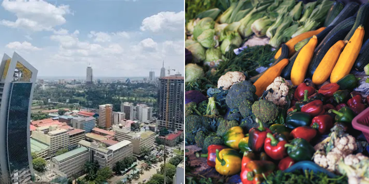 A Collage Of Nairobi City (Left) And A Display Of Grocery (Right).