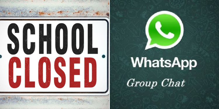 A Collage Of School Closed Sign (Left) And A Whatsapp Icon.