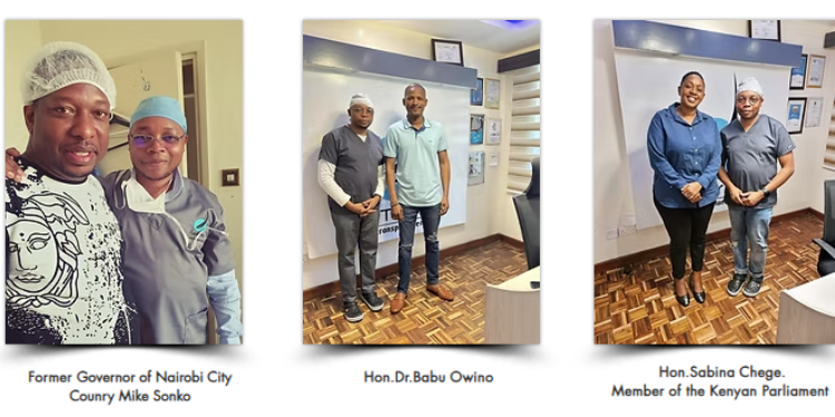 Former Nairobi Mike Sonko, Embakasi East Mp Babu Owino, And Former Murang’a Woman Representative Sabina Chege Pose For A Photo With Artistic Hair Transplant Center Owner Jared Babu. Photo/Artistic Hair Transplant Center.