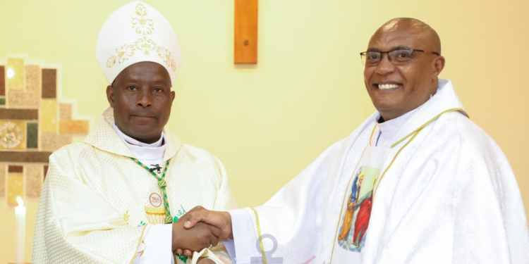 Bishop Of The Military Ordinariate Of Kenya, Rt Rev Wallace Ng’ang’a With Lieutenant Colonel (Fr) Duncan Ndegwa His Silver Jubilee Of Priestly Ordination On July 29, 2025, At St. Raphael Catholic Chapel. Photo/Kdf.