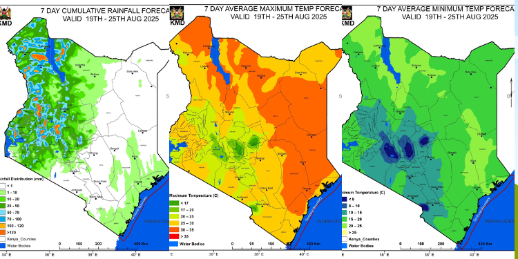 A Photo Collage Showing The Rainfall Forecast And The Maximum And Minimum Temperature Forecasts For The Period Between April 22Nd And 28Th. Photo/Kenya Met. Weather