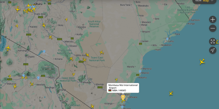Mombasa Moi International Airport Flight Radar 24 Map. Photo/Flightradar24 