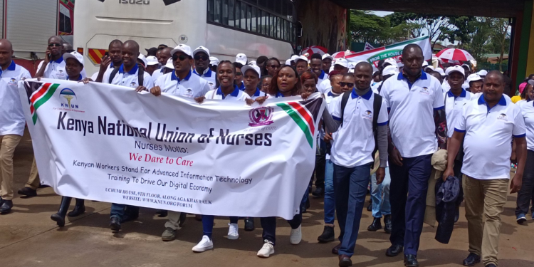 Nurses Match During The International Labour Day Celebration At Uhuru Gardens On May 1,2024. Photo/Knunm
