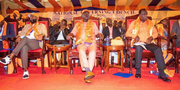 A File Picture Of Odm Leader Raila Odinga And His Two  Former Deputies, Hassan Joho And Wycliffe Oparanya. Photo/Barack Oduor/Ev.