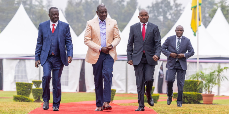 President William Ruto, Former Prime Minister Raila Odinga, Dp Kithure Kindiki And Treasury Cs John Mbadi Arriving At The Joint Odm–Kenya Kwanza Parliamentary Group Meeting, Nairobi County On August 18, 2025. Photo/Pcs. Maraga