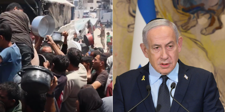 Residents Scrambling For Relief Food In Gaza (Left) And A Photo Of Israel Prime Minister Benjamin Netanyahu. Photos- Un/ Opmi. Israel