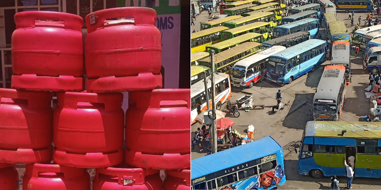 A Collage Of Gas Cylinders At A Refilling Point (Left) And An Aerial View Of Public Transport Buses At The Machakos Countrybus In Nairrobi.