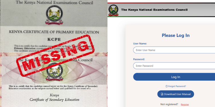 Knec: A Photo Collage Showing A Kcse Certificate Marked “Missing” Alongside The Knec Online Portal. Photo/Knec/Ocave