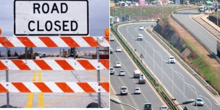 Kenha Announces 43-Day Traffic Disruption On James Gichuru Road A Collage Photo Of A Road Sign Indicating A Closed Road And A Section Of Mombasa Road. Photo/Kenha-X