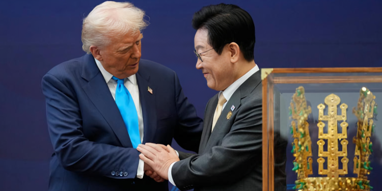 President Donald Trump Shakes Hands With South Korean President Lee Jae Myung As They Attend A High Honor Ceremony At The Gyeongju National Museum In Gyoeongju, South Korea, Wednesday, Oct. 29, 2025