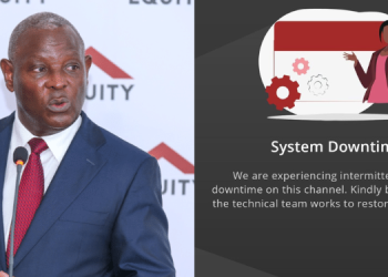 A Photo Collage Of Equity Bank Group Ceo James Mwangi And System Downtime Message Photo/Equity Bank Kenya