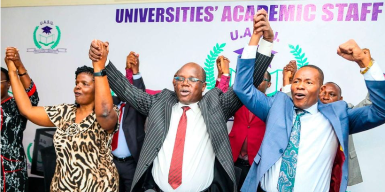 Universities Academic Staff Union National Chairperson Grace Nyongesa, Secretary-General Constantine Wasonga, and Organizing Secretary Onesmus Mutio at the UASU head office in Nairobi on September 10, 2025.Photo/NMG